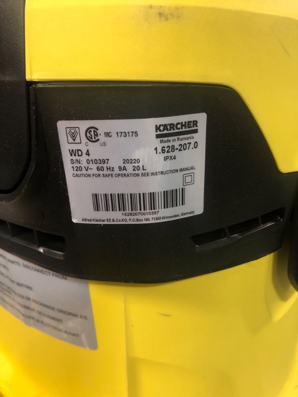 Photo 4 of Karcher WD 4 Portable Shop Vacuum, Multi-Purpose 5.3 Gallon Wet/Dry Vacuum Cleaner with Attachments, Compact Space-Saving Design, 1100W WD 4 - 2022 Edition