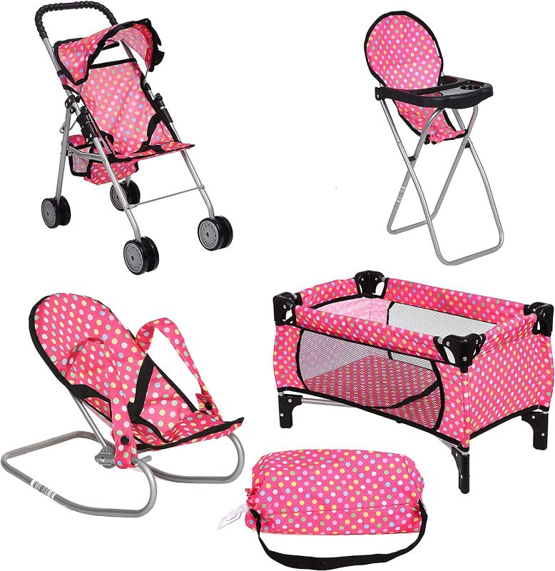 Photo 1 of fash n kolor 4 Piece Doll Play Set, Includes - 1 Pack N Play. 2 Doll Stroller 3.Doll High Chair. 4.Infant Seat, Fits Up to 18'' Doll (4 Piece Set) Pink