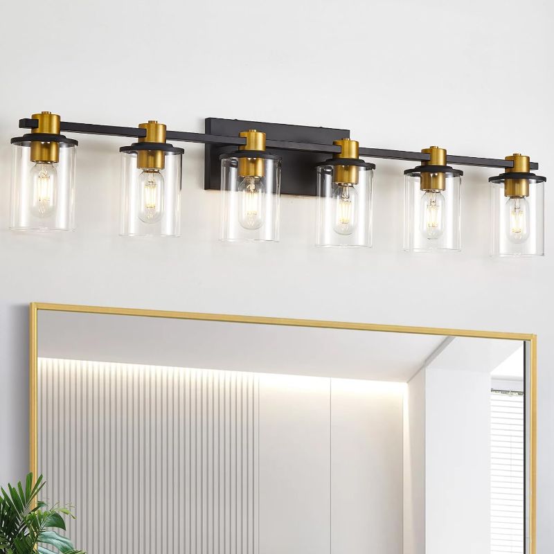 Photo 1 of **SEE CLERK NOTES* Bathroom Vanity Light, 6 Light Black and Gold Light Fixture