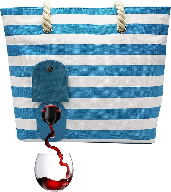 Photo 1 of Portovino Beach Wine Purse/Tote with Hidden, Leakproof Dark Turquoise & White