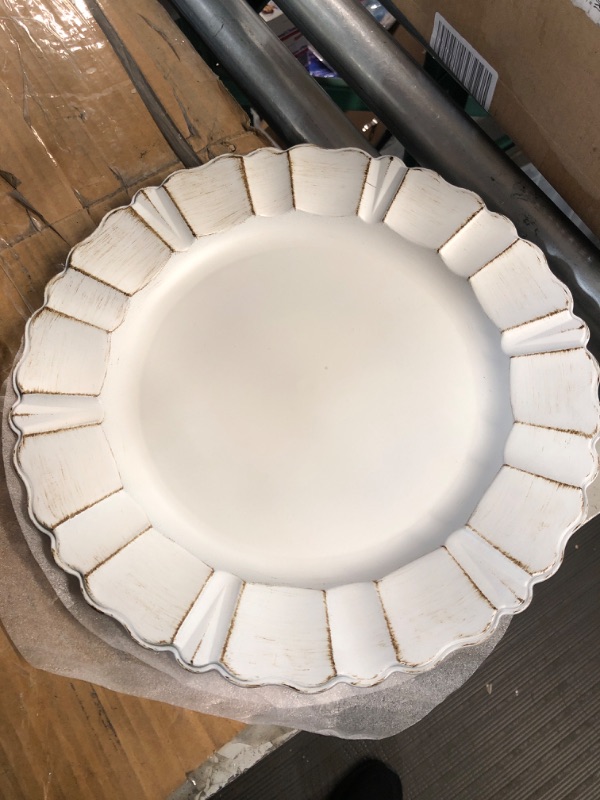 Photo 1 of **DAMAGED PCS/ SEE PICS** Tanlade 24 Packs White Charger Plates with Waved Scalloped Rim 13 Inch Antique Plate Chargers for Table Setting Round Plastic Chargers