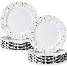 Photo 1 of **DAMAGED PCS/ SEE PICS** Tanlade 24 Packs White Charger Plates with Waved Scalloped Rim 13 Inch Antique Plate Chargers for Table Setting Round Plastic Chargers