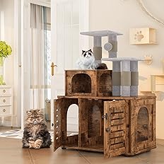 Photo 1 of  Cat Litter Box Enclosure,Hidden Kitty Washroom,Multifuctional Enlarged Cat Litter Cabinet Cat House with Cat Tree Tower Scratching Post,Removable Divider,Rustic Brown