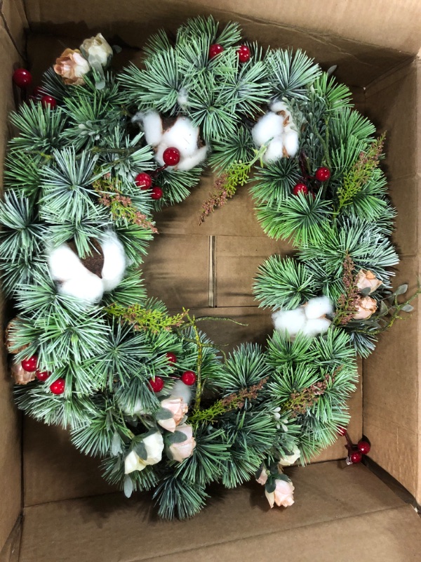 Photo 2 of * see all images *
18 Inch Artificial Christmas/Winter Wreath with Red Berries, Cotton, Pine Needle and Soft Blush-Colored Roses for Front Door