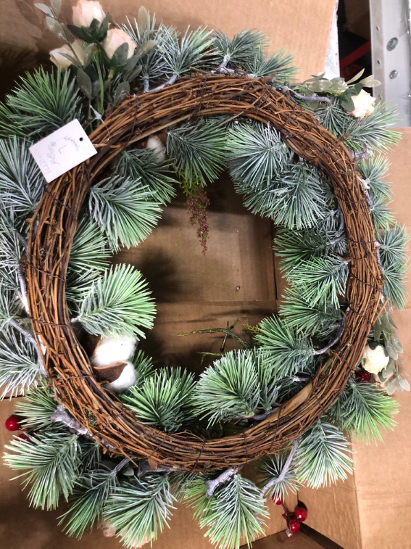 Photo 4 of * see all images *
18 Inch Artificial Christmas/Winter Wreath with Red Berries, Cotton, Pine Needle and Soft Blush-Colored Roses for Front Door