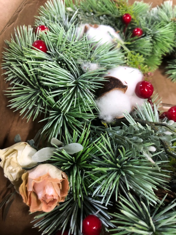 Photo 3 of * see all images *
18 Inch Artificial Christmas/Winter Wreath with Red Berries, Cotton, Pine Needle and Soft Blush-Colored Roses for Front Door