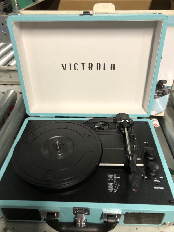 Photo 3 of Victrola Vintage 3-Speed Bluetooth Portable Suitcase Record Player with Built-in Speakers | Upgraded Turntable Audio Sound| Includes Extra Stylus | Turquoise, Model Number: VSC-550BT