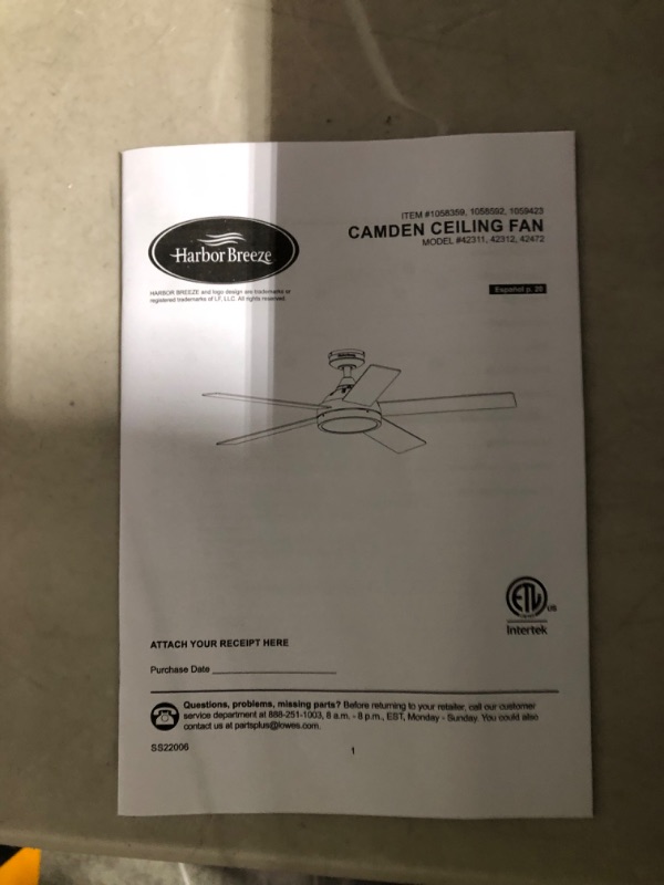 Photo 4 of **PARTS** Harbor Breeze Camden 52-in Indoor Ceiling Fan with Light Remote (5-Blade)