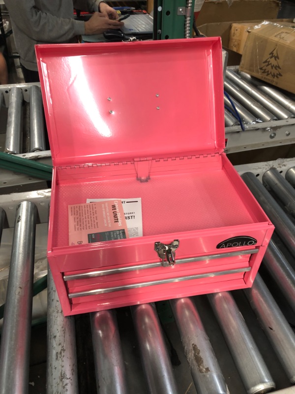 Photo 4 of Apollo Tools 14 Inch Steel Tool Box with Deep Top Compartment and 2 Drawers in Heavy-Duty Steel With Ball Bearing Opening and Powder Coated Finish - Pink Ribbon