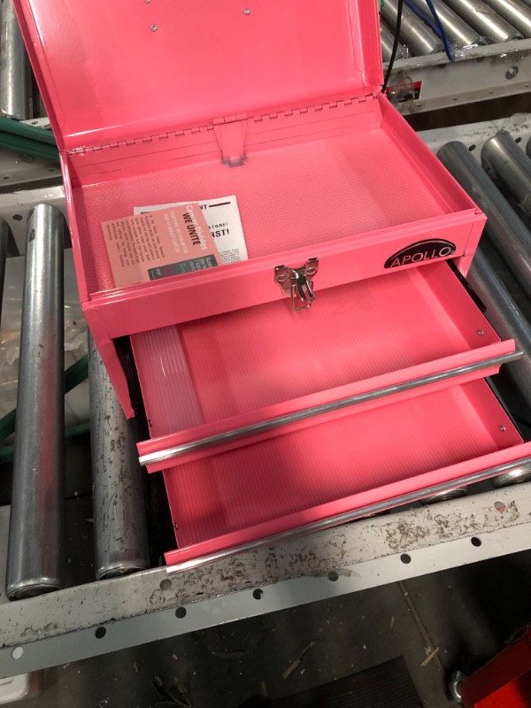 Photo 3 of Apollo Tools 14 Inch Steel Tool Box with Deep Top Compartment and 2 Drawers in Heavy-Duty Steel With Ball Bearing Opening and Powder Coated Finish - Pink Ribbon