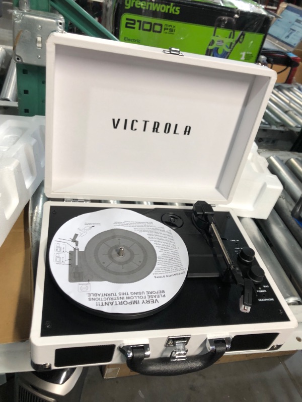 Photo 4 of Victrola Vintage 3-Speed Bluetooth Portable Suitcase Record Player with Built-in Speakers | White 