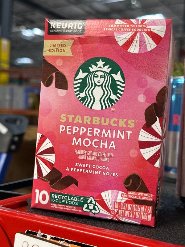 Photo 2 of Starbucks K-Cup Coffee Pods, Peppermint Mocha Naturally Flavored Coffee For Keurig Brewers, 100% Arabica, Limited Edition Holiday Coffee, 1 Box (10 Pods) 10 Count (Pack of 1)