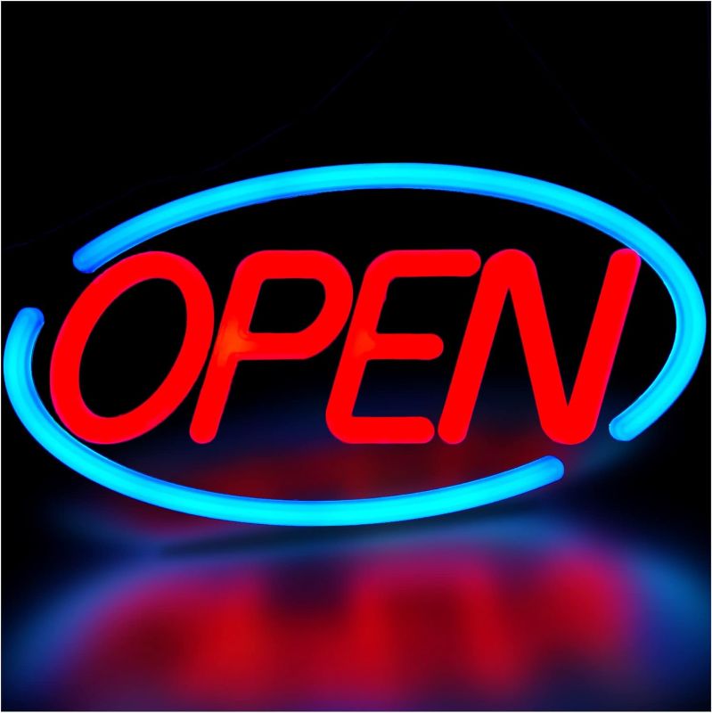 Photo 1 of LED Open Sign,Bright Open Sign for Business Window with Remote Control,24x12 inch Large Size,Restaurant,Bar,Retail Shops,Window Storefronts,Salon,12V/2A Power Supply (Blue-Red)