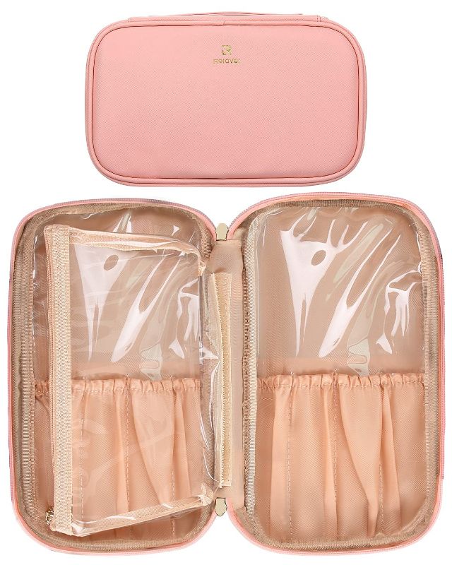 Photo 1 of Relavel Travel Makeup Brush Bag with Transparent Makeup Bag, Small Waterproof Makeup Brush Bag for Women and Girls, Multifunctional Professional Makeup Brush Bag(Pink) Small Pink