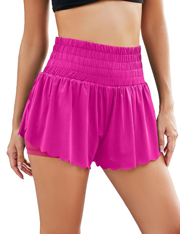 Photo 1 of Blooming Jelly Women's Flowy Running Shorts High Waisted Butterfly Shorts Athletic Workout Shorts with Pocket Medium Rose Red-flowy