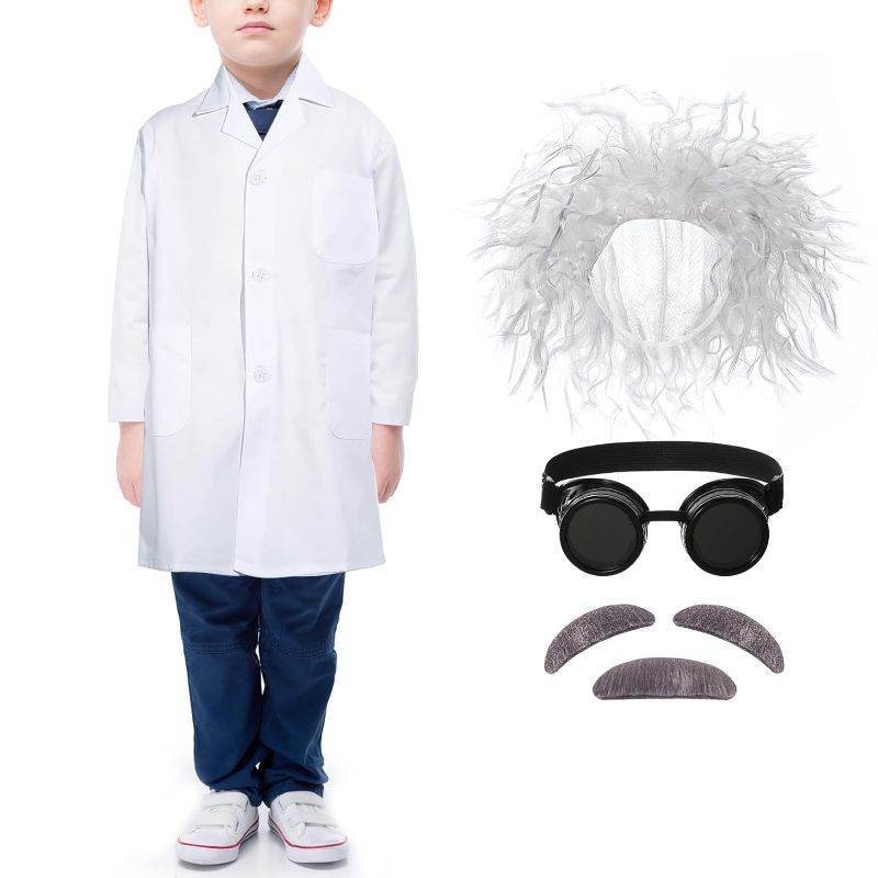 Photo 1 of SATINIOR 6 Pieces Mad Scientist Costume Set 100th Day of School Mad Scientist Wig White Lab Coat Mustache Goggles for Adult (Size:120-130)