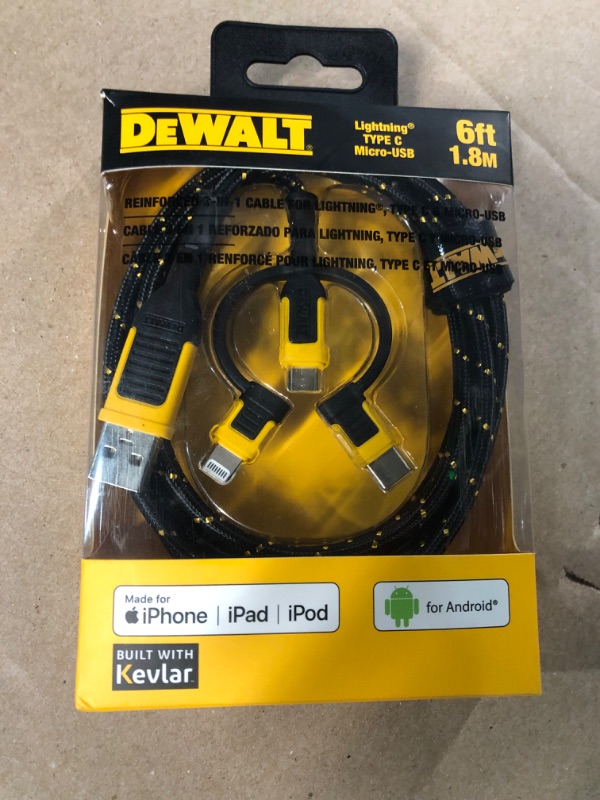 Photo 2 of DEWALT Reinforced 3-in-1 Combo Cable — Multi-Charging Cable — Lightning, Type C, Micro-USB Adapter Cable — Android and Apple Compatible Charging Cable — 3 Way Phone Charger Cable — 6ft 6-Foot