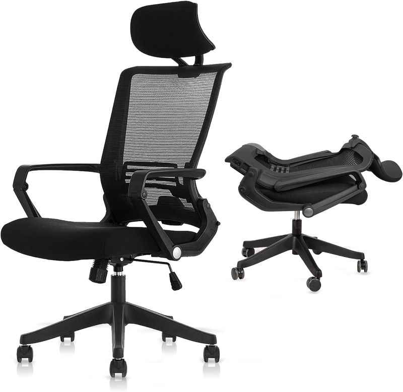 Photo 1 of Foldable Ergonomic Office Chair, High Back Computer Desk Chair with Adjustable Lumbar Support, Fixed Armrests, Headrest, 90°-110° Rocking Chair, Home Office Desk Chair, Easy Assembly, Black
