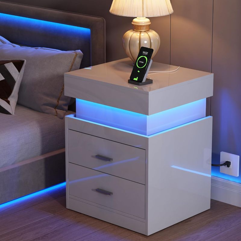 Photo 1 of **FOR PARTS ONLY** READ NOTES
ChooChoo LED Nightstand with Charging Station, Smart Night Stand with Sliding Top Storage, 2-Drawers High Gloss Bedside Table, Modern End Table for Bedroom (black)
