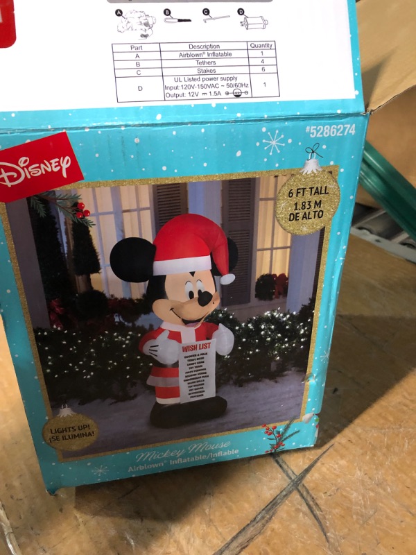 Photo 1 of **FOR PARTS ONLY*** NON FUNCTIONAL
6' Mickey Santa w/Wish List Christmas Inflatable by Gemmy