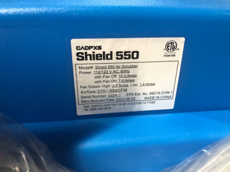 Photo 2 of CADPXS Shield-550 Negative Machine Airbourne Cleaner HEPA Scrubber Water Damage Restoration Equipment Air Purifier, Air Scrubbers 550 air scrubbers Blue