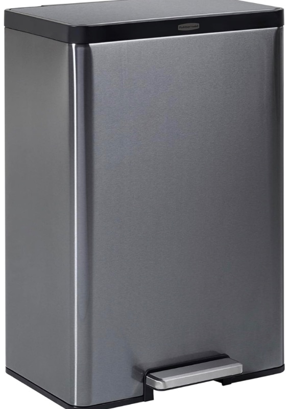 Photo 1 of ***DAMAGED****Rubbermaid Stainless Steel Metal Step-On Trash Can for Home and Kitchen, Charcoal, 12 Gallon, 2112520