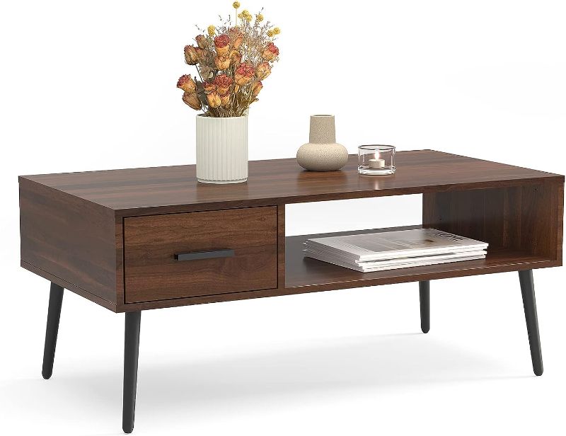 Photo 1 of HAIOOU Coffee Table, Mid Century Modern Style Cocktail Table TV Stand with Drawer, Open Storage Shelf, Stable Floor-Anti-Scratching Pine Leg for Home, Office, Living Room - Walnut