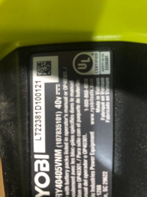 Photo 3 of **PARTS ONLY/NON-REFUNDABLE**
RYOBI 40-Volt Lithium-Ion Cordless Battery Leaf Vacuum/Mulcher (Tool Only)