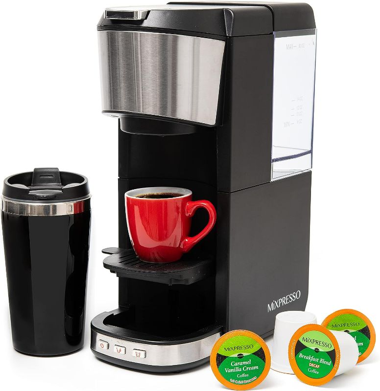 Photo 1 of Mixpresso Coffee Maker Single Serve For Ground Coffee & Compatible With K Cup Pods, With 14oz Travel Mug & Reusable Filter For Home, Office & Camping, 30oz Removable Water Tank.
