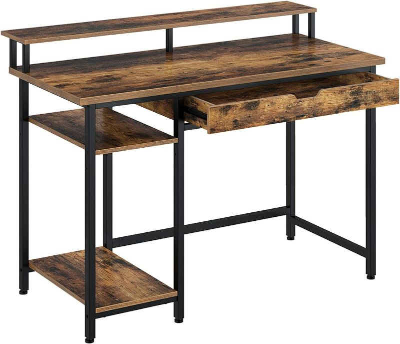 Photo 1 of Rolanstar Computer Desk with Monitor Shelf and Drawer, 47" Home Office Writing Desk, Study Table Workstation, Stable Metal Frame, Rustic Brown
