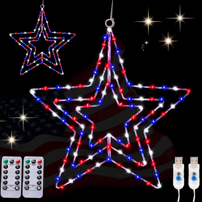 Photo 1 of 4th of July Decorations Lights, Qulist 2 Packs 110 LED Red White and Blue Iron Frame 3 in 1 Star Patriotic Lights