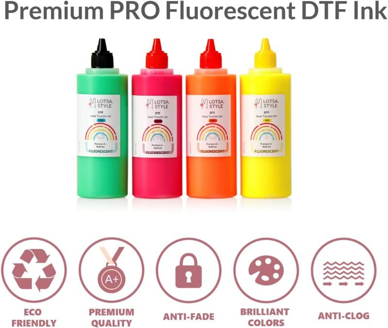 Photo 1 of YELLOW ONLY Premium PRO Fluorescent DTF Ink Refill for Inkjet Printers Heat Transfer Film Printing (250ml, YELLOW