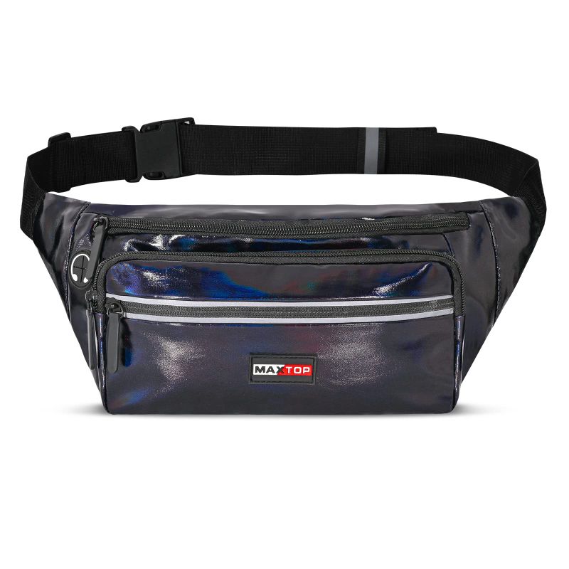 Photo 1 of MAXTOP Fanny Pack for Men Women Waist Pack Bag with Headphone Jack and 3-Zipper Pockets Adjustable Straps Holographic Black Holographic Fanny Pack