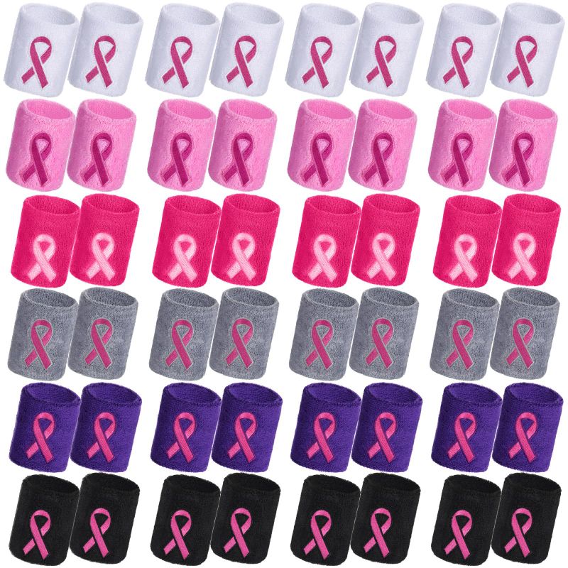 Photo 1 of Jenaai 48 Pieces Breast Cancer Awareness Wristbands Pink Ribbon Cotton Wrist Sweat Bands Breast Cancer Awareness Gifts for Women Party Favors Sports Wrist Bands for Tennis Basketball Mixed Colors