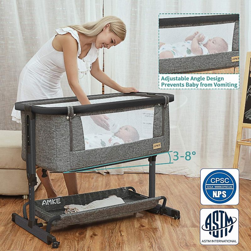 Photo 4 of (READ NOTES) Baby Bassinets,AMKE Bedside Sleeper for Baby,Baby Cradle with Storage Basket, Easy to Assemble Bassinet for Newborn/Infant, Adjustable Bedside Crib,Safe Portable Baby Bed,Travel Bag Included Grey