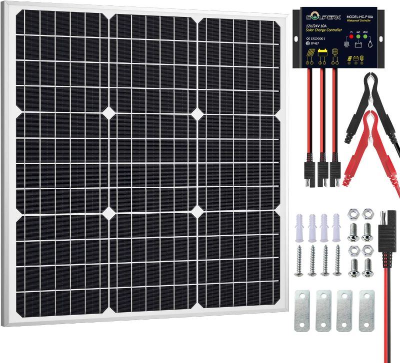 Photo 1 of (READ NOTES) SOLPERK Solar Panel Kit 50W 12V, Solar Battery Trickle Charger Maintainer with Upgrade Waterproof Controller for Boat Car RV Motorcycle Marine Automotive (Without Mounting Bracket)
