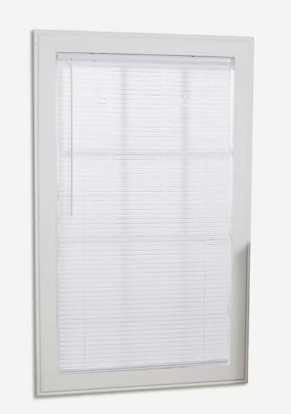 Photo 1 of (READ NOTES) Project Source 1-in Slat Width 34-in x 64-in Cordless White Vinyl Light Filtering Mini Blinds
