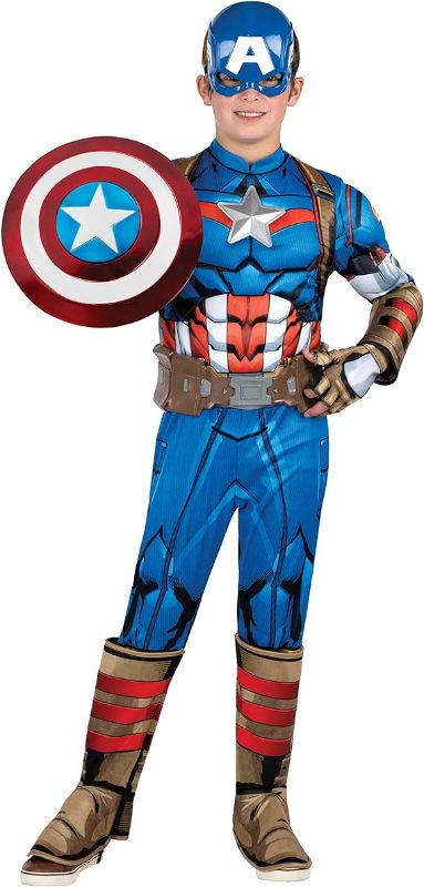 Photo 1 of MEDIUM 8-10 MARVEL’S CAPTAIN AMERICA HALLOWEEN COSTUME FOR KIDS - Deluxe Muscle Jumpsuit w/Printed Design + 3D Headpiece, Gloves & Shield
