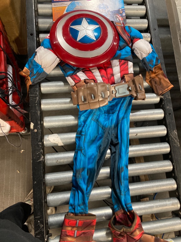 Photo 2 of (SMALL 4-6) MARVEL’S CAPTAIN AMERICA HALLOWEEN COSTUME FOR KIDS - Deluxe Muscle Jumpsuit w/Printed Design + 3D Headpiece, Gloves & Shield
