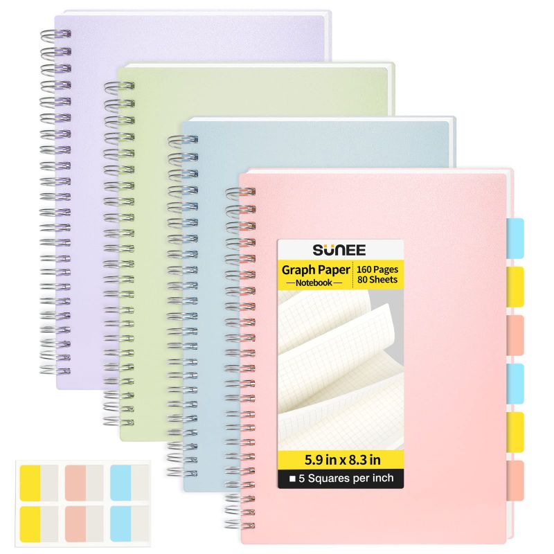 Photo 1 of SUNEE Graph Paper Notebook - 4 Pack A5 Grid Notebook 5.9 x 8.3 Inches 5 x 5mm Grid Paper 80 Sheets/160 Pages - Journals for Study and Notes (pink, blue, green, purple) 5.9" x 8.3" Squared