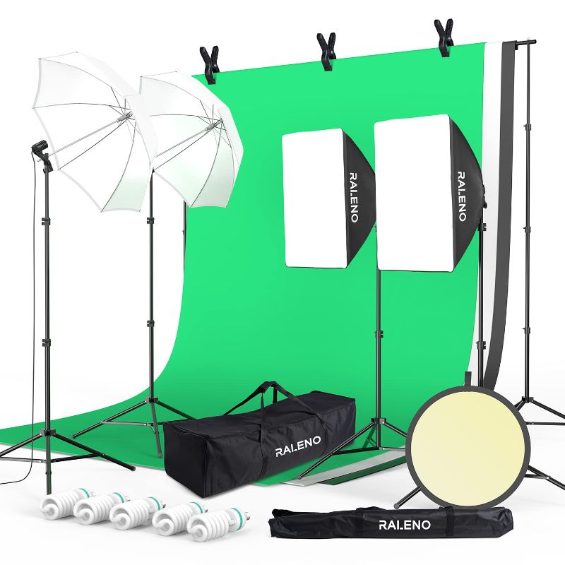 Photo 1 of RALENO Photography Lighting Kit, 8.5 x 10ft Backdrop Stand with Green Screen, 5 x 85W CFL 5500K Light Bulb with Umbrellas