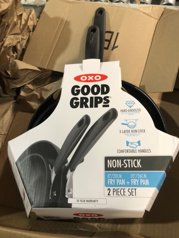 Photo 2 of (READ NOTES) OXO Good Grips 8" and 10" Frying Pan Skillet Set, 3-Layered German Engineered Nonstick Coating, Stainless Steel Handle with Nonslip Silicone, Black