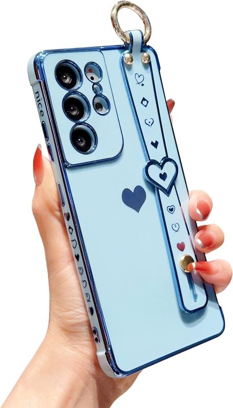 Photo 1 of phylla Samsung Galaxy S21 Ultra 5g Phone Case with Electroplated Cute Hearts Wrist Strap Kickstand Luxury Love Heart Full Camera Protection Cover Soft Shockproof Holder Bumper (Blue)