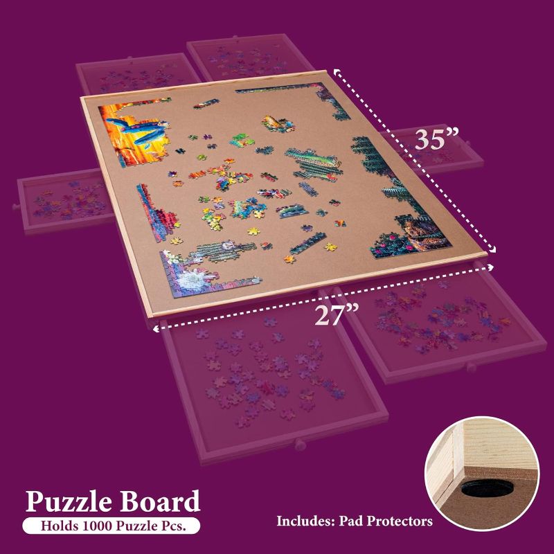 Photo 3 of 1500 Piece Rotating Wooden Jigsaw Puzzle Table - 6 Drawers, Puzzle Board with Puzzle Cover | 27” X 35” 