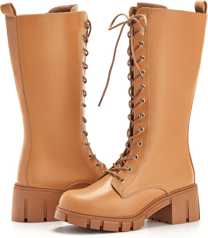 Photo 1 of TINSTREE Women's Knee High Platform Boots Buckle Leather Lace Up Combat Booties,Side Zip-up Mid-Calf Boots