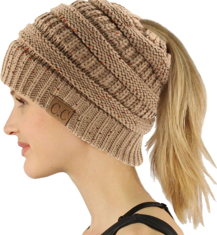 Photo 1 of C.C Exclusives Soft Stretch Cable Knit Messy Bun Ponytail Beanie Winter Hat for Women (MB-20A)
