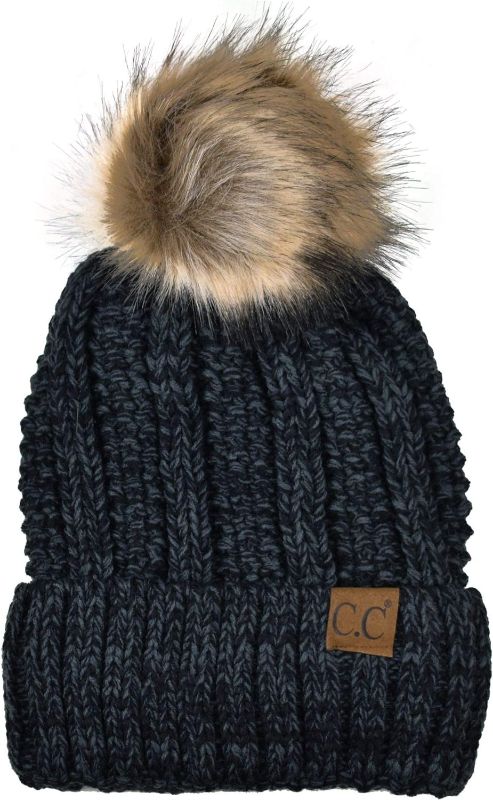 Photo 1 of C.C Thick Cable Knit Faux Fuzzy Fur Pom Fleece Lined Skull Cap Cuff Beanie