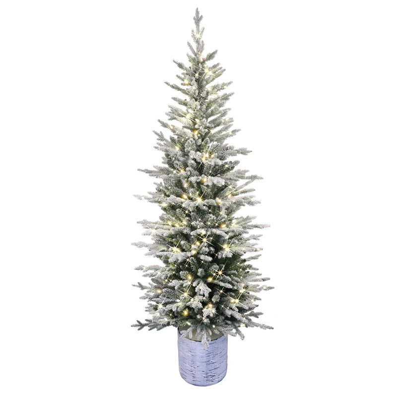 Photo 1 of (READ FULL POST) Puleo International Pre-Lit Potted Flocked Arctic Fir Pencil Artifical Artificial Christmas Tree, Green, 301-PTO9760-60LW120 6' Flocked Potted Arctic Fir