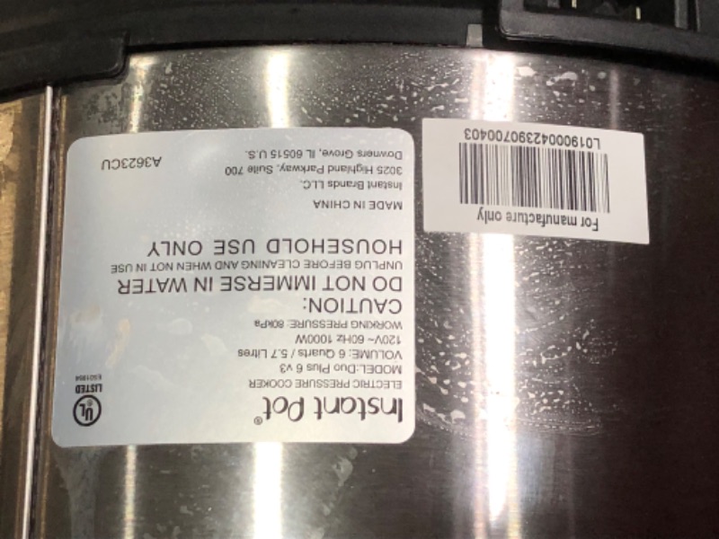 Photo 5 of ***HEAVILY USED AND DIRTY - POWERS ON - UNABLE TO TEST FURTHER***
Instant Pot Duo Plus 9-in-1 Electric Pressure Cooker, Stainless Steel, 6 Quart