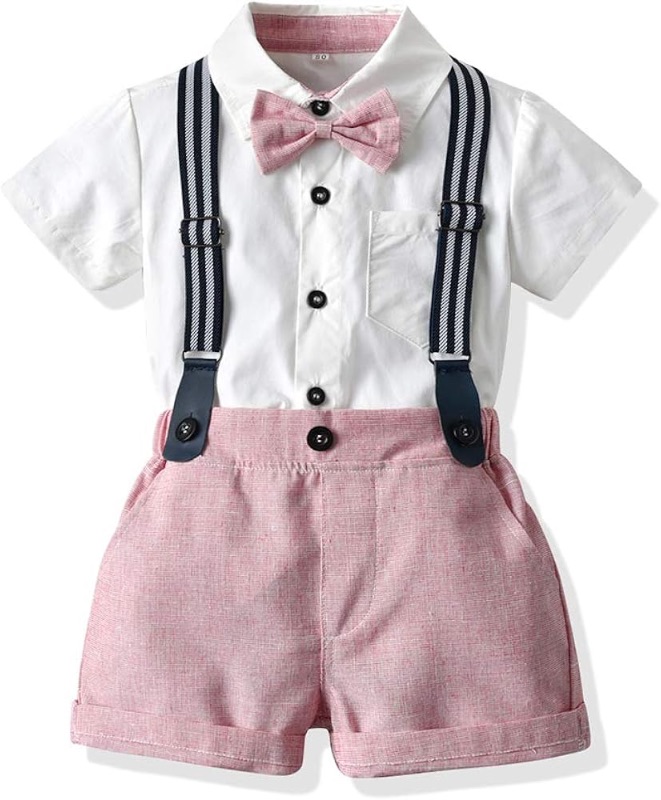 Photo 1 of Baby Boys Gentleman Outfits Suits Short Sleeve Bowtie Shirt+Suspender Shorts Clothes Set Overalls